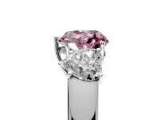 3 Stone Engagement Ring Setting for Fancy Pink Heart-Shaped Center with Raised Basket Heads and Prong Head in Platinum