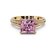 Solitaire Engagement Ring Setting for Fancy Pink Princess Cut Center with Pave Rail Split Shank and Prong Head in Yellow Gold