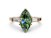 3 Stone Engagement Ring Setting for Fancy Green Marquise Center with Channel Baguette Accents and Prong Head in Rose Gold
