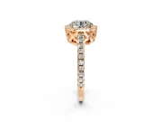 Accent Halo Engagement Ring Setting for Round Cut Center with Full-Length Pave Band and Prong Head in Rose Gold