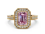 Halo Engagement Ring Setting for Fancy Pink Emerald Cut Center with Milgrain Halo, Pave Band and Prong Head in Yellow Gold