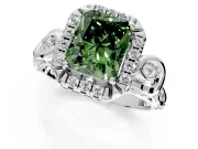 Halo Engagement Ring Setting for Fancy Green Radiant Cut Center with Open Scroll Shoulders and Prong Head in Platinum
