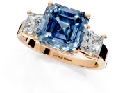 3 Stone Engagement Ring Setting for Fancy Blue Asscher Cut Center with Matching Side Accents and Prong Head in Rose Gold