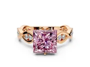 Solitaire Engagement Ring Setting for Fancy Pink Princess Cut Center with Accented Twist Band and Leaf Prong Head in Rose Gold