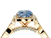 Halo Engagement Ring Setting for Fancy Blue Cushion Cut Center with Twist Band and Prong Head in Yellow Gold