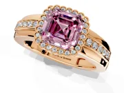 Halo Engagement Ring Setting for Fancy Pink Asscher Cut Center with Wide Band, Inlaid Accent Row and Prong Head in Rose Gold