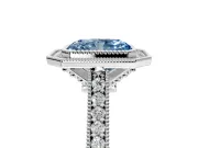 Halo Engagement Ring Setting for Fancy Blue Radiant Cut Center with Milgrain Pave Band and Bezel Head in White Gold