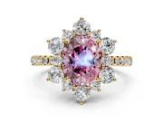 Floral Halo Engagement Ring Setting for Fancy Pink Oval Center with Pave Accents and Prong Head in Yellow Gold
