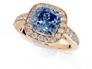 Bezel-Framed Halo Engagement Ring Setting for Fancy Blue Cushion Cut Center with Pave Band and Prong Head in Rose Gold
