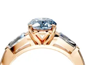 3 Stone Engagement Ring Setting for Fancy Blue Oval Center with Tapered Baguettes, Plain Band and Prong Head in Rose Gold
