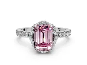 Halo Engagement Ring Setting for Fancy Pink Emerald Cut Center with Openwork Halo, Pave Band and Prong Head in Platinum