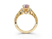 Solitaire Engagement Ring Setting for Fancy Pink Oval Center with Filigree Accent Basket and Prong Head in Yellow Gold