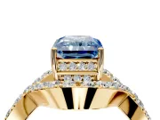 Halo Engagement Ring Setting for Fancy Blue Radiant Cut Center with Pave Infinity Twist Band and Prong Head in Yellow Gold