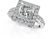 Bezel-Framed Halo Engagement Ring Setting for Princess Cut Center with Pave Band and Prong Head in Platinum
