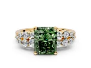 Cluster Engagement Ring Setting for Fancy Green Radiant Cut Center with 2-Row Shoulder Clusters and Prong Head in Yellow Gold
