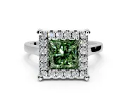 Single Halo Engagement Ring Setting for Fancy Green Princess Cut Center with Corner Claws, Plain Band and Prong Head in White Gold
