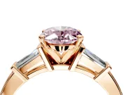 3 Stone Engagement Ring Setting for Fancy Pink Oval Center with Channel Baguette Accents and Prong Head in Rose Gold