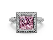 Milgrain Halo Engagement Ring Setting for Fancy Pink Princess Cut Center with Three-Sided Pave Band and Prong Head in Sterling Silver