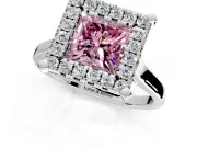 Single Halo Engagement Ring Setting for Fancy Pink Princess Cut Center with Corner Claws, Plain Band and Prong Head in Platinum