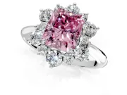 Small-Accent Cluster Halo Engagement Ring Setting for Fancy Pink Radiant Cut Center with Plain Band and Prong Head in Platinum