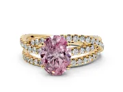 Solitaire Engagement Ring Setting for Fancy Pink Oval Center with Woven 3-Strand Pave Band and Prong Head in Yellow Gold