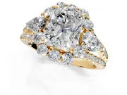 Halo Engagement Ring Setting for Radiant Cut Center with Two-Strand Split Shank and Prong Head in Yellow Gold