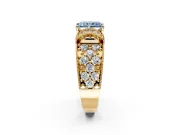Pave Engagement Ring Setting for Fancy Blue Radiant Cut Center with Curved Accent Rows, Openwork and Prong Head in Yellow Gold