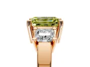 3 Stone Engagement Ring Setting for Fancy Yellow Emerald Cut Center with Matching Side Accents and Prong Head in Rose Gold