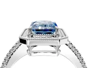 Milgrain Halo Engagement Ring Setting for Fancy Blue Radiant Cut Center with Three-Sided Pave Band and Prong Head in Sterling Silver