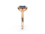 Starburst Halo Engagement Ring Setting for Fancy Blue Emerald Cut Center with Thin Round-Wire Band and Prong Head in Rose Gold