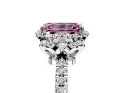 Halo Engagement Ring Setting for Fancy Pink Emerald Cut Center with Openwork Halo, Pave Band and Prong Head in Platinum