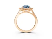 Sunburst Halo Engagement Ring Setting for Fancy Blue Round Cut Center with Pave Band and Prong Head in Rose Gold
