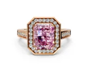 Halo Engagement Ring Setting for Fancy Pink Radiant Cut Center with Outer Bezel Rim, Pave Band and Prong Head in Rose Gold