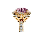 Halo Engagement Ring Setting for Fancy Pink Round Cut Center with Openwork Halo, Pave Band and Prong Head in Yellow Gold