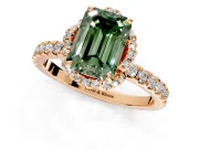 Halo Engagement Ring Setting for Fancy Green Emerald Cut Center with Openwork Halo, Pave Band and Prong Head in Rose Gold