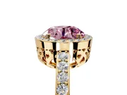 Halo Engagement Ring Setting for Fancy Pink Round Cut Center with Heart-Shaped Openwork, Pave Band and Prong Head in Yellow Gold