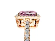 Accent Halo Engagement Ring Setting for Fancy Pink Radiant Cut Center with Full-Length Pave Band and Prong Head in Rose Gold