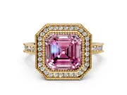 Halo Engagement Ring Setting for Fancy Pink Asscher Cut Center with Milgrain Pave Band and Bezel Head in Yellow Gold