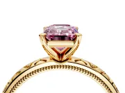 Solitaire Engagement Ring Setting for Fancy Pink Emerald Cut Center with XO Engraved Band and Prong Head in Yellow Gold