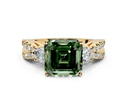 3 Stone Engagement Ring Setting for Fancy Green Asscher Cut Center with Pave Split Shank and Prong Head in Yellow Gold