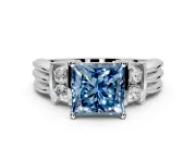 Solitaire Engagement Ring Setting for Fancy Blue Princess Cut Center with Grooved Bar Accent Band and Prong Head in Platinum