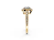 Bezel-Framed Halo Engagement Ring Setting for Cushion Cut Center with Pave Band and Prong Head in Yellow Gold