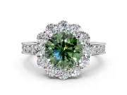Halo Engagement Ring Setting for Fancy Green Round Cut Center with Milgrain Channel Band and Prong Head in Platinum