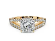 Solitaire Engagement Ring Setting for Cushion Cut Center with Pave Split Shank and Prong Head in Yellow Gold