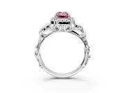 Halo Engagement Ring Setting for Fancy Pink Emerald Cut Center with Open Scroll Shoulders and Prong Head in Platinum