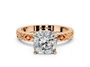 Solitaire Engagement Ring Setting for Cushion Cut Center with Milgrain X Pattern Band and Prong Head in Rose Gold