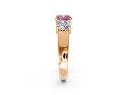 3 Stone Engagement Ring Setting for Fancy Pink Cushion Cut Center with Raised Basket Heads and Prong Head in Rose Gold