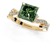Solitaire Engagement Ring Setting for Fancy Green Princess Cut Center with Bar-Station Pave Twist and Prong Head in Yellow Gold