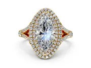 Double Halo Engagement Ring Setting for Marquise Center with Narrow Pave Split Shank and Prong Head in Yellow Gold