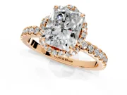 Halo Engagement Ring Setting for Radiant Cut Center with Openwork Halo, Pave Band and Prong Head in Rose Gold
